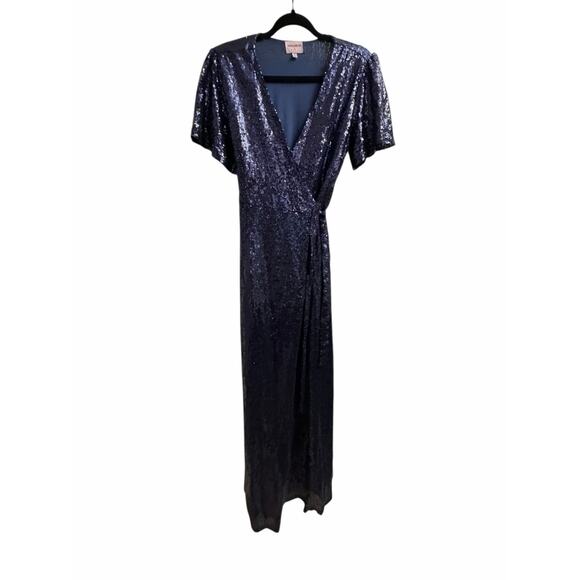 DMFashion Navy Sequin Wrap Maxi Dress Size Small Flutter Sleeve Formal Evening - Picture 8 of 16